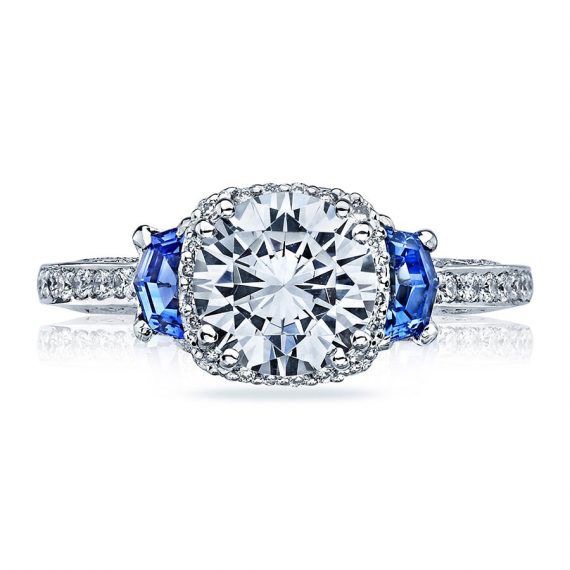 3.03 ct Cushion Cut Platinum Sapphire Ring With Two Blue Sapphire Set Each Side