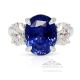 Unheated 3 Stone Platinum Sapphire Ring, 7.11 ct E, VVS-VS-1 GIA Origin Report