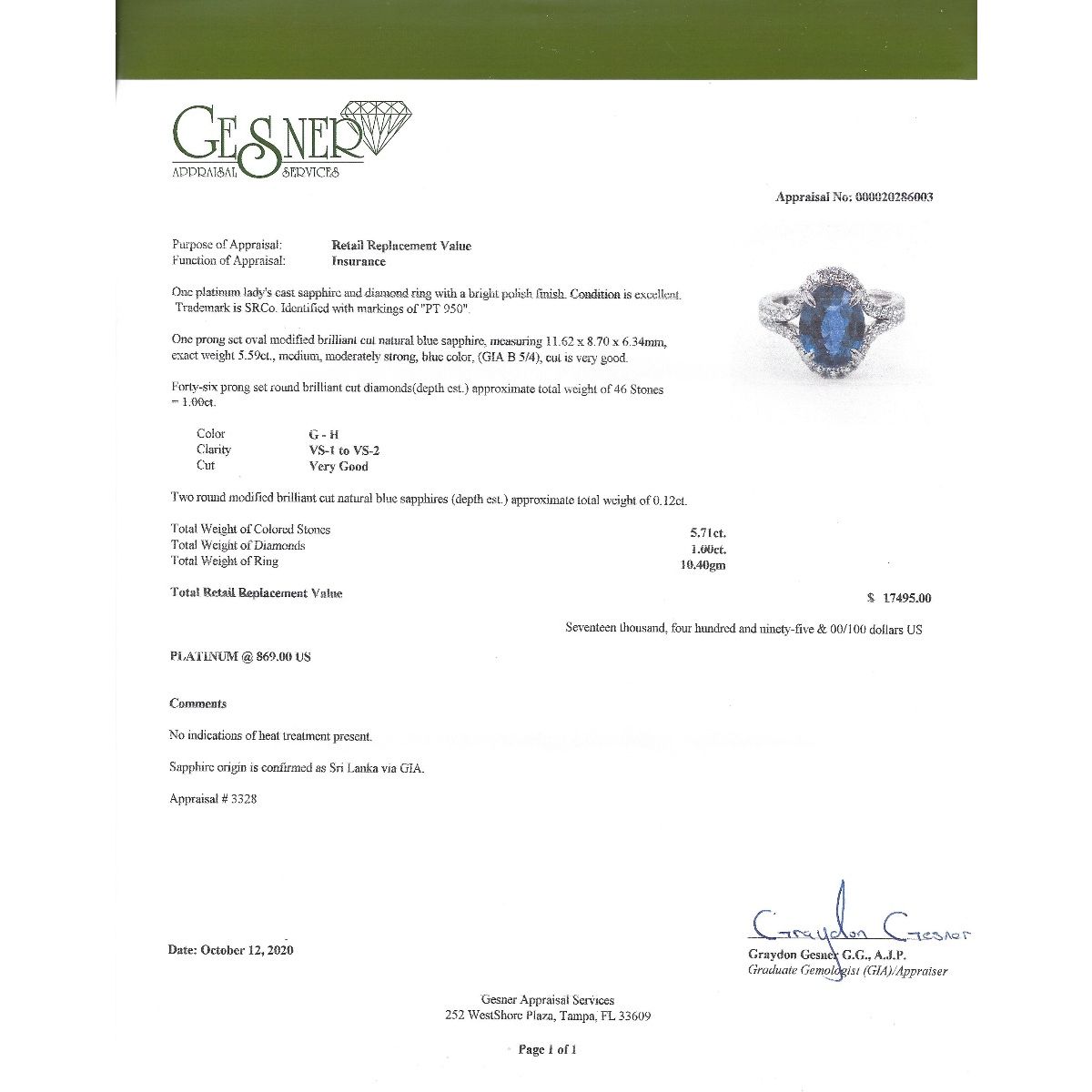 Unheated Platinum Sapphire Ring, 5.59 ct GIA Origin Report