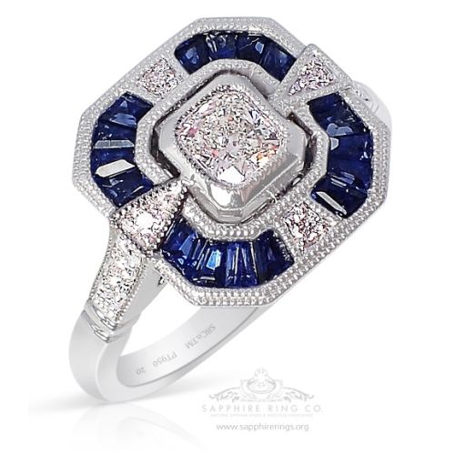 Platinum Sapphire Diamond Ring, 0.33 ct Cushion Cut GIA E VS-1