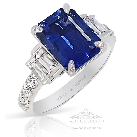 Bright blue Sapphire Platinum Ring-3.09ct Emerald Cut GIA