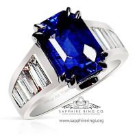 blue sapphire emerald cut engagement ring in platinum